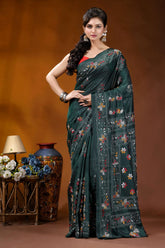 Handmade jungle green silk kantha saree with multicolor fish motif dark green silk saree adorned 1