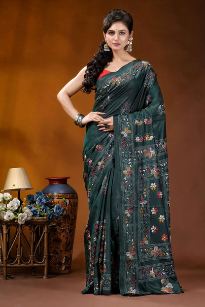 Handmade jungle green silk kantha saree with multicolor fish motif dark green silk saree adorned 1