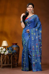 Handmade lapis blue silk kantha saree with village scene motif blue floral-patterned saree intricate embroidery 6