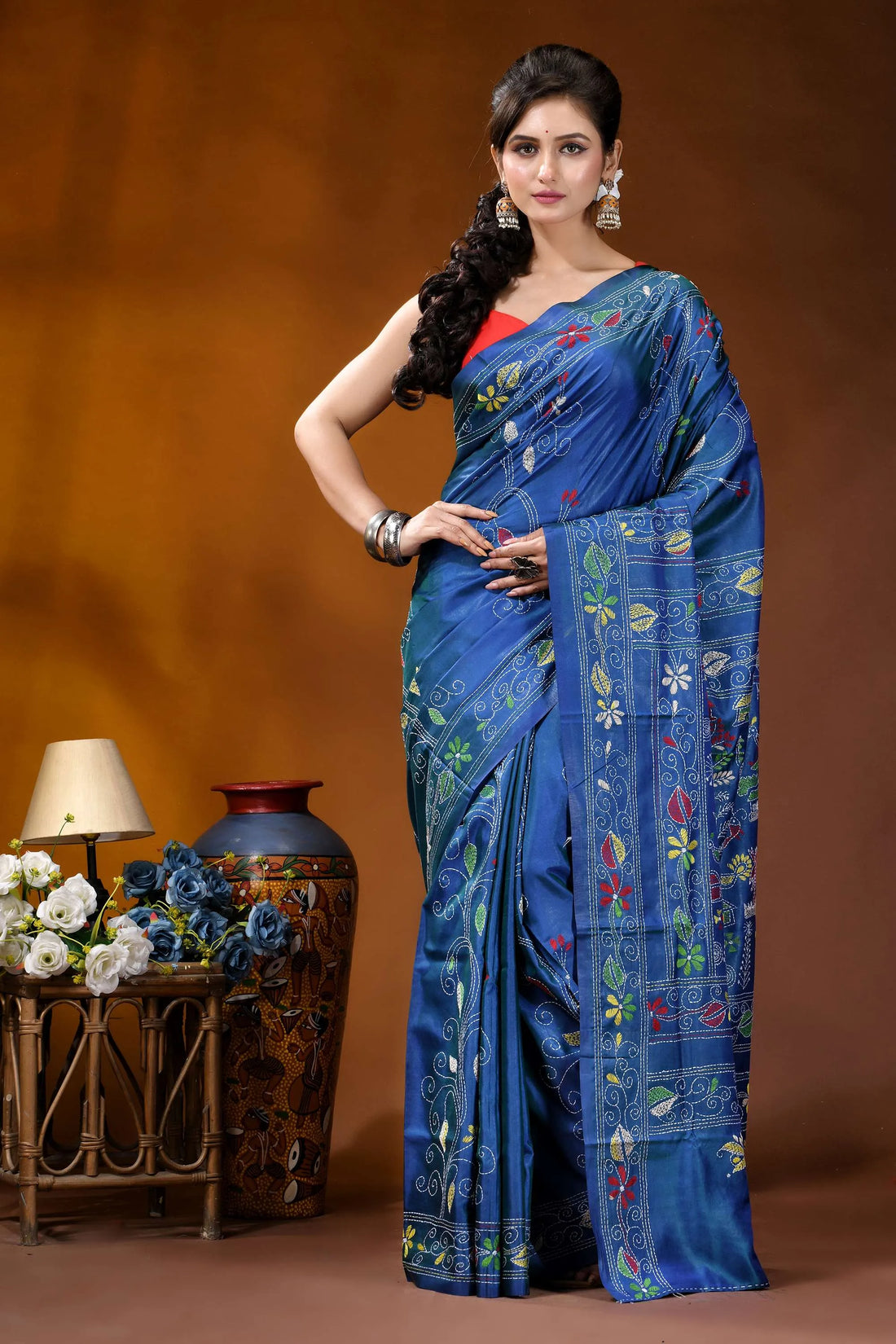 Handmade lapis blue silk kantha saree with village scene motif vibrant royal blue silk saree 1