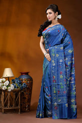 Handmade lapis blue silk kantha saree with village scene motif vibrant royal blue saree adorned 3