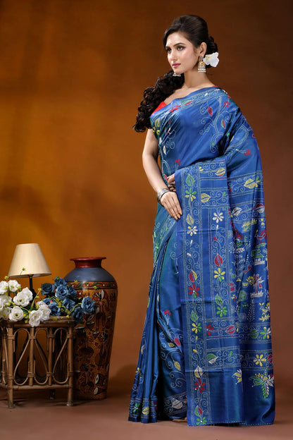 Handmade lapis blue silk kantha saree with village scene motif vibrant royal blue saree adorned 3