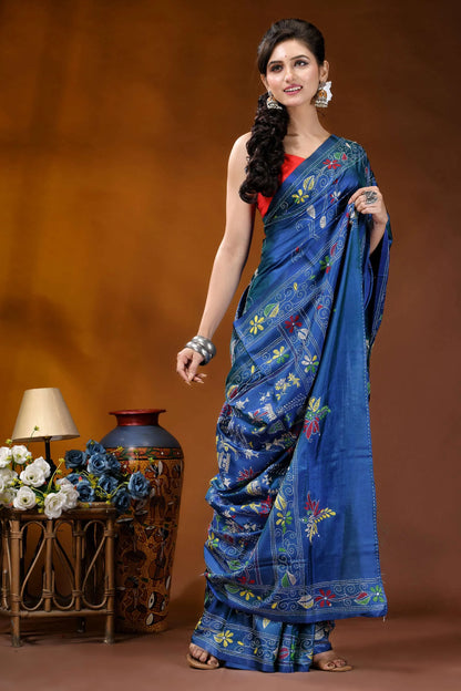 Handmade lapis blue silk kantha saree with village scene motif vibrant royal blue saree adorned 4