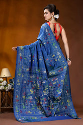 Handmade lapis blue silk kantha saree with village scene motif vibrant royal blue banarasi saree 5