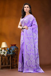 Handmade lavender paisley design kutch embroidery silk saree woman wears lavender saree intricate 3