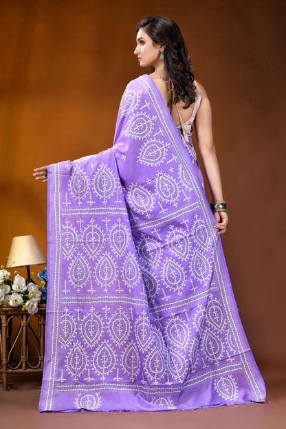 Handmade lavender paisley design kutch embroidery silk saree vibrant lavender saree intricate white 4