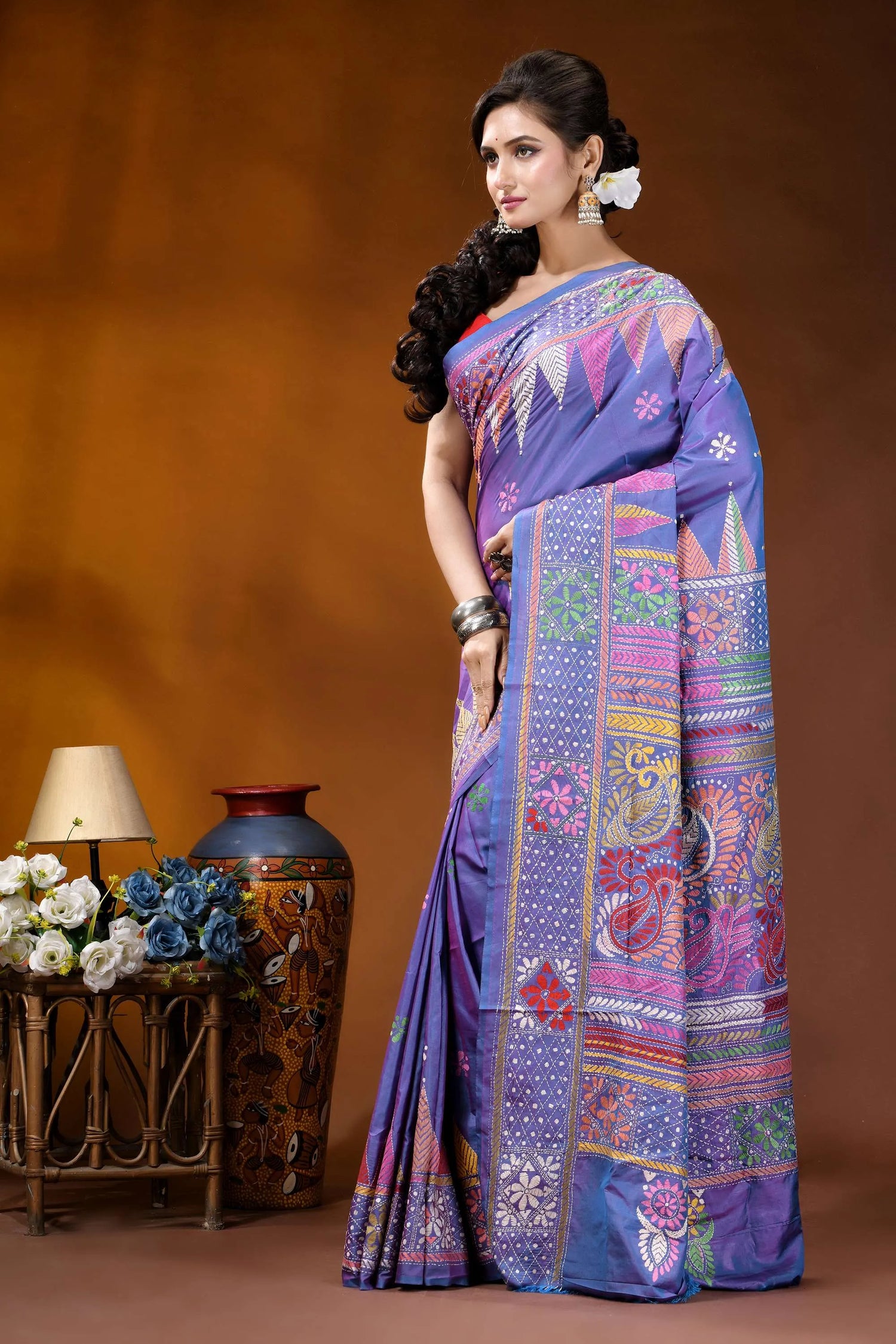 Handmade multicolor paisley design medium purple silk kantha stitch saree vibrant purple sari adorned intricate 3