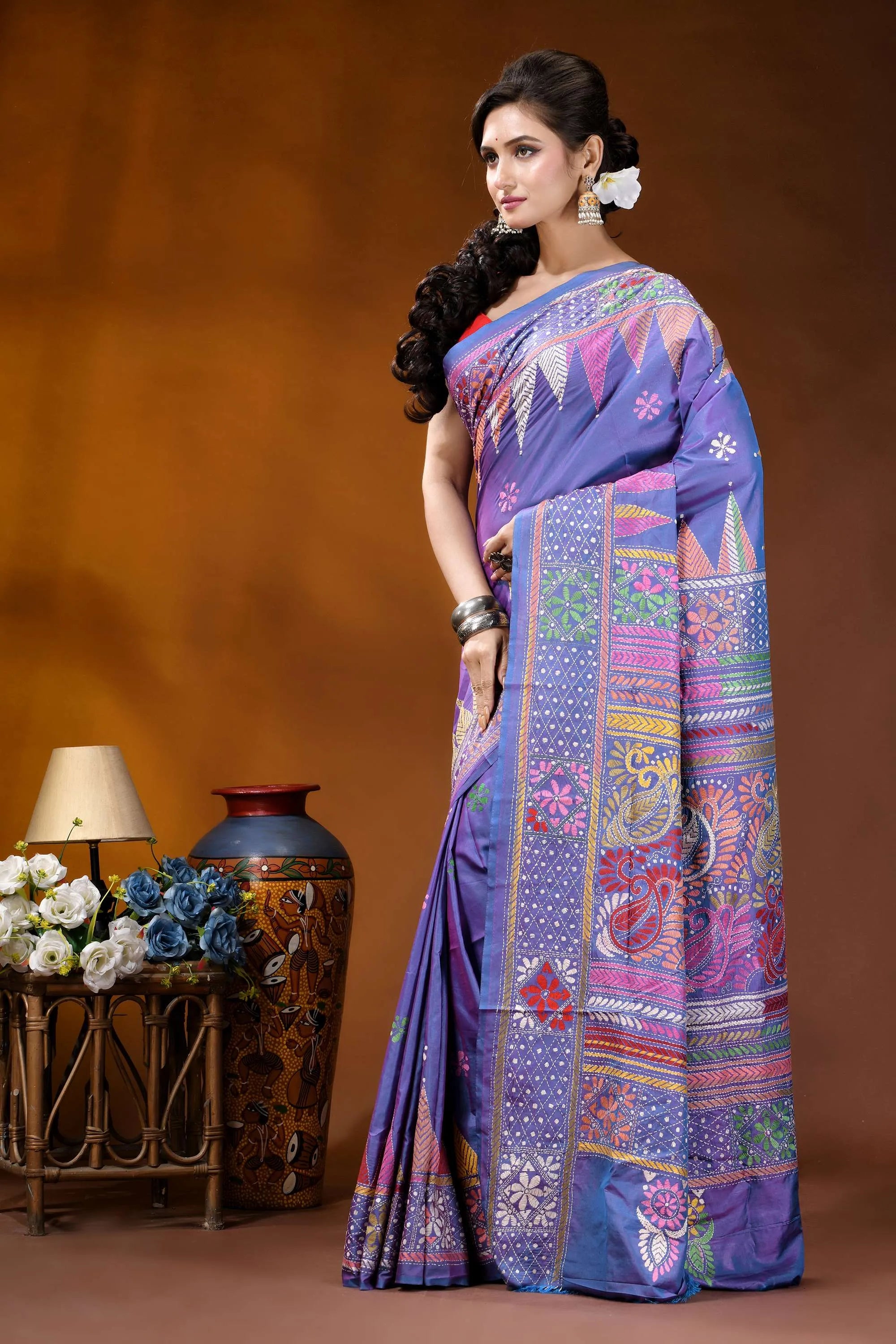 Handmade multicolor paisley design medium purple silk kantha stitch saree vibrant purple sari adorned intricate 3