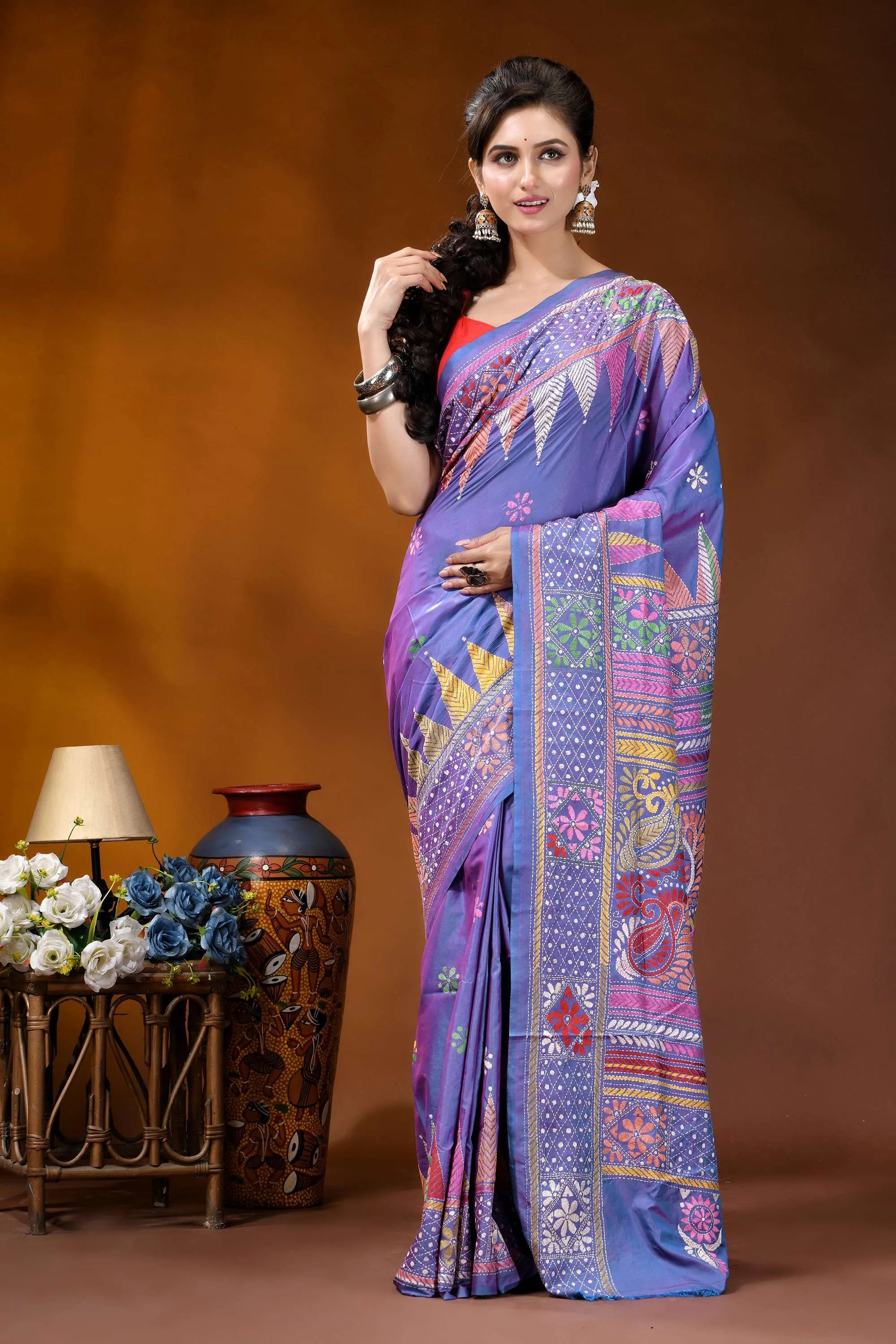 Handmade multicolor paisley design medium purple silk kantha stitch saree vibrant purple saree intricate multicolored 6