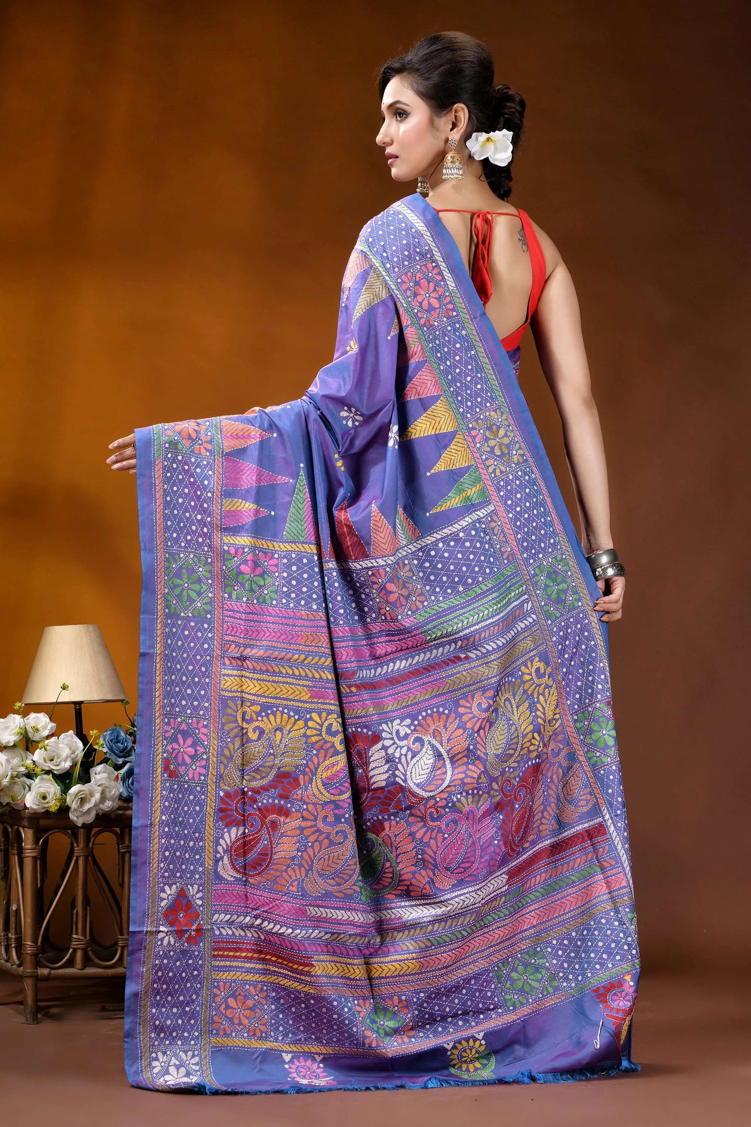 Handmade multicolor paisley design medium purple silk kantha stitch saree vibrant purple saree intricate multicolored 4