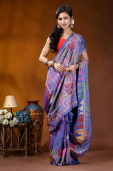 Handmade multicolor paisley design medium purple silk kantha stitch saree vibrant purple blue printed silk 5