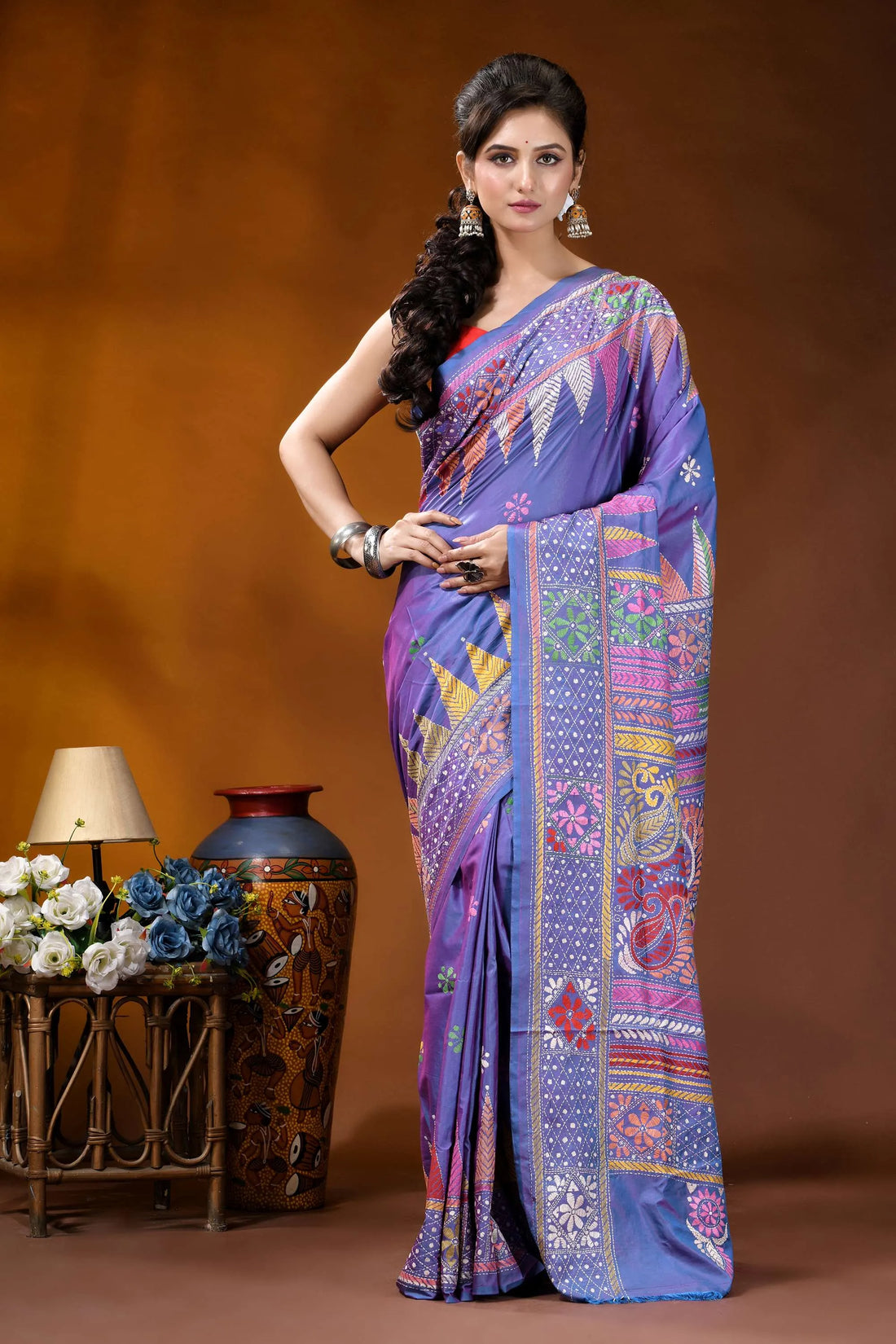 Handmade multicolor paisley design medium purple silk kantha stitch saree vibrant purple saree intricate multicolored 1