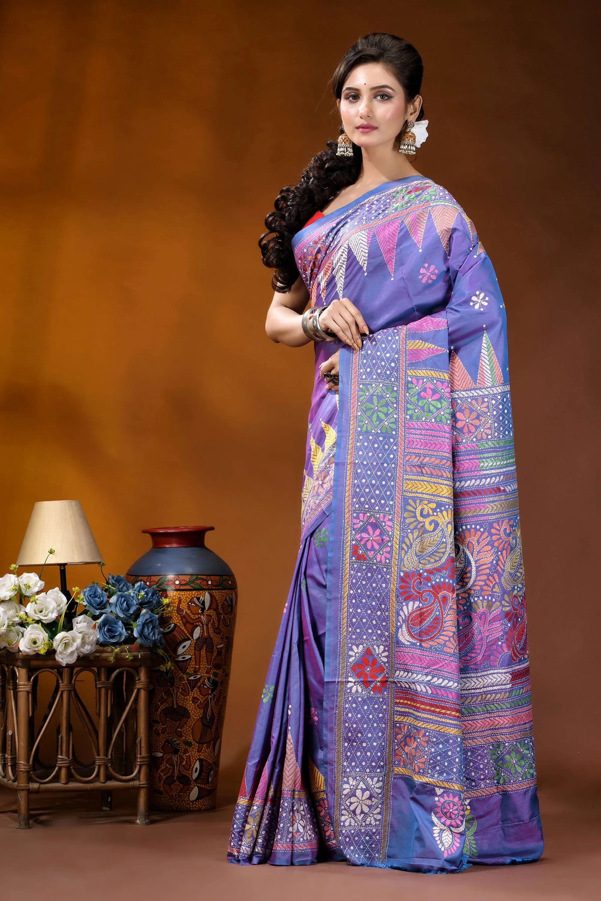 Handmade multicolor paisley design medium purple silk kantha stitch saree vibrant purple silk saree adorned 7