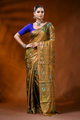 Handmade mustard silk kantha work saree with floral nature motif 6