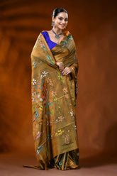 Handmade mustard silk kantha work saree with floral nature motif 4