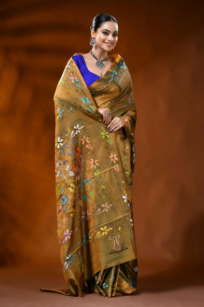 Handmade mustard silk kantha work saree with floral nature motif 4