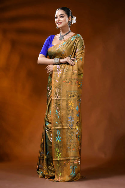 Handmade mustard silk kantha work saree with floral nature motif 3