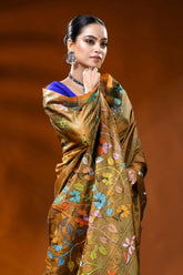Handmade mustard silk kantha work saree with floral nature motif 2