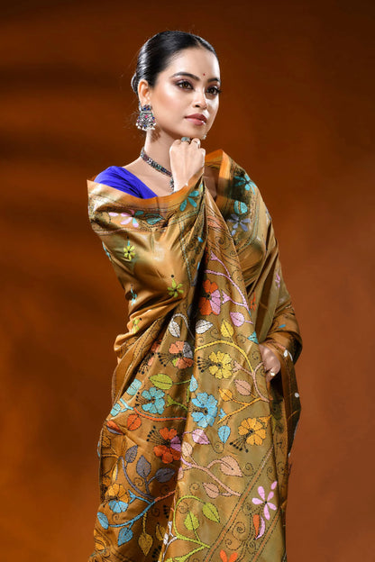 Handmade mustard silk kantha work saree with floral nature motif 2