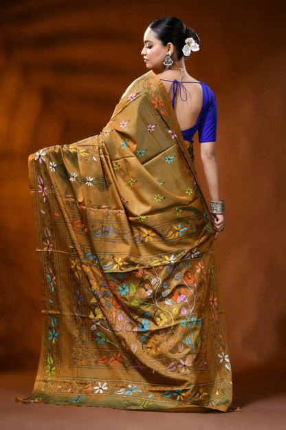 Handmade mustard silk kantha work saree with floral nature motif 5