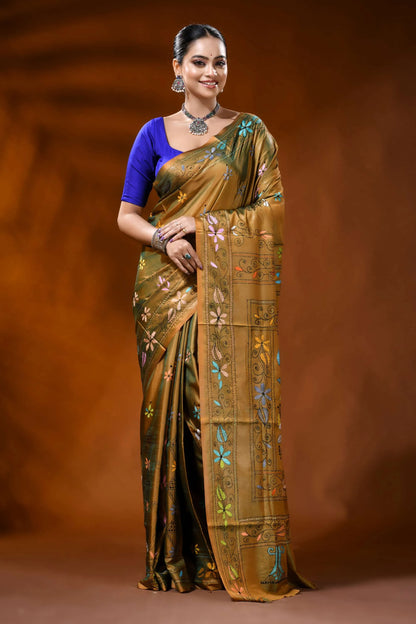 Handmade mustard silk kantha work saree with floral nature motif 1