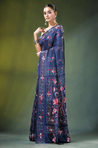 Handmade navy blue nature theme kantha stitch silk saree adorned 3