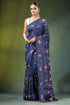 Handmade navy blue nature theme kantha stitch silk saree adorned 1