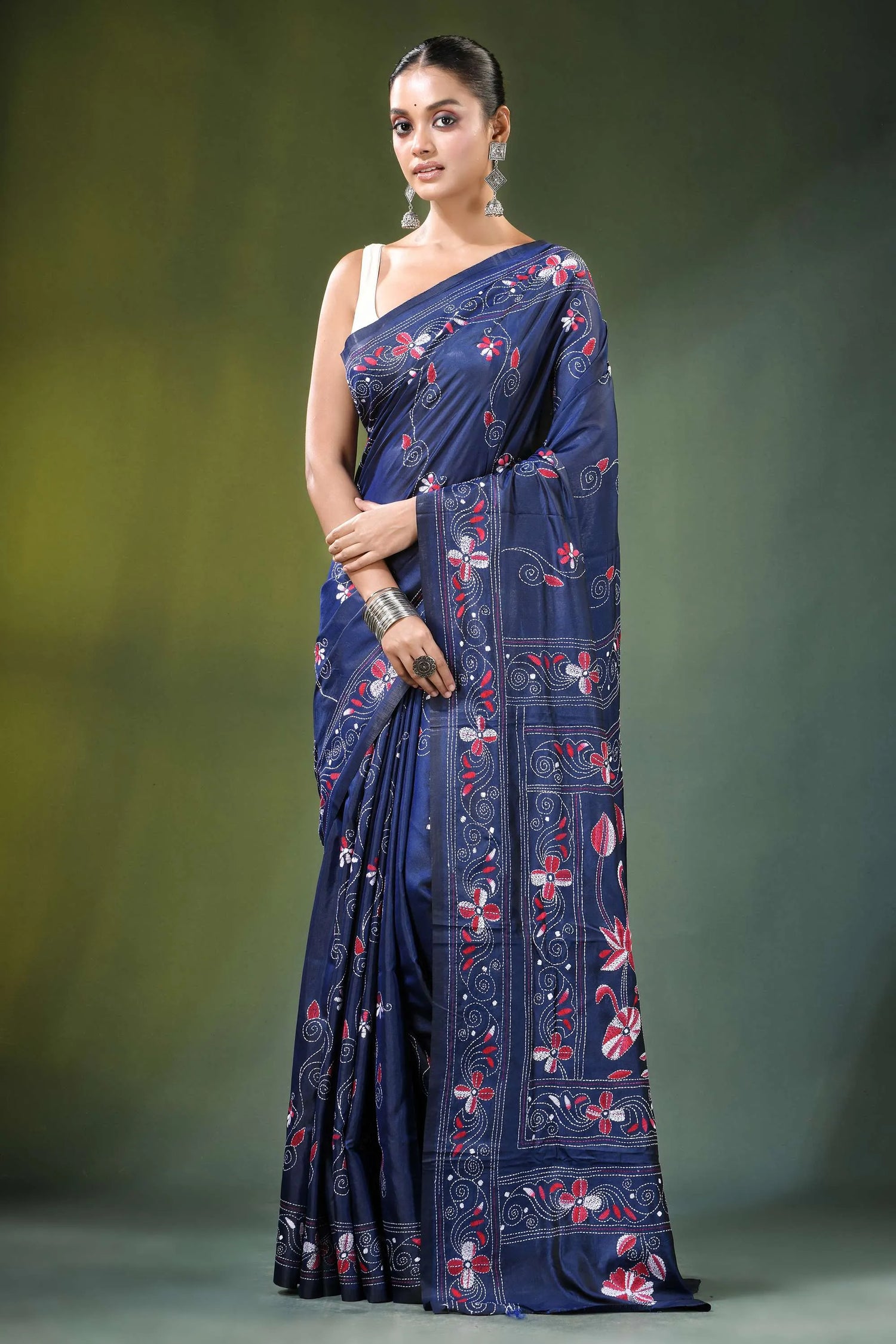 Handmade navy blue nature theme kantha stitch silk saree adorned 6