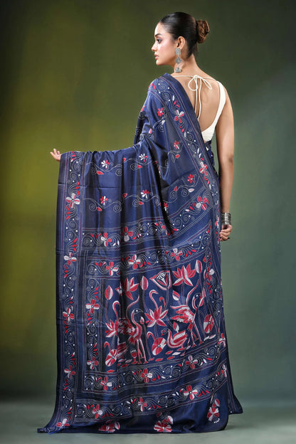 Handmade navy blue nature theme kantha stitch silk saree adorned 5