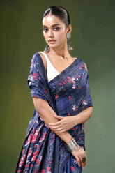 Handmade navy blue nature theme kantha stitch silk saree intricate red 2