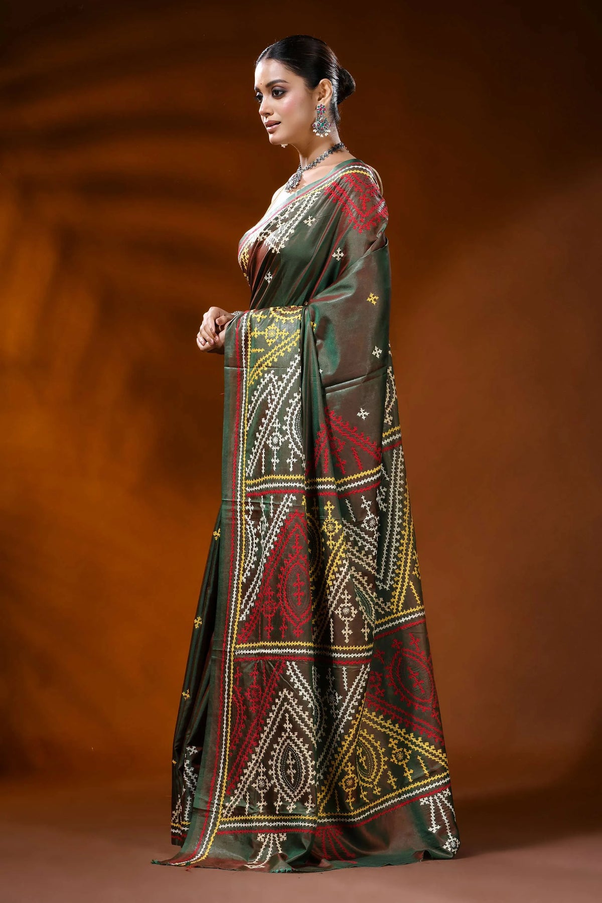 Handmade olive green gujarati stitch silk saree - geometric ethnic motif 3