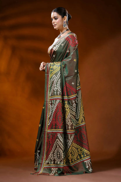 Handmade olive green gujarati stitch silk saree - geometric ethnic motif 3