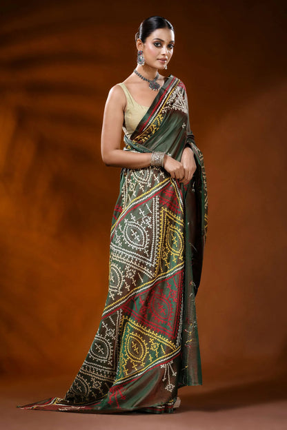 Handmade olive green gujarati stitch silk saree - geometric ethnic motif 4