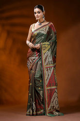 Handmade olive green gujarati stitch silk saree - geometric ethnic motif 6