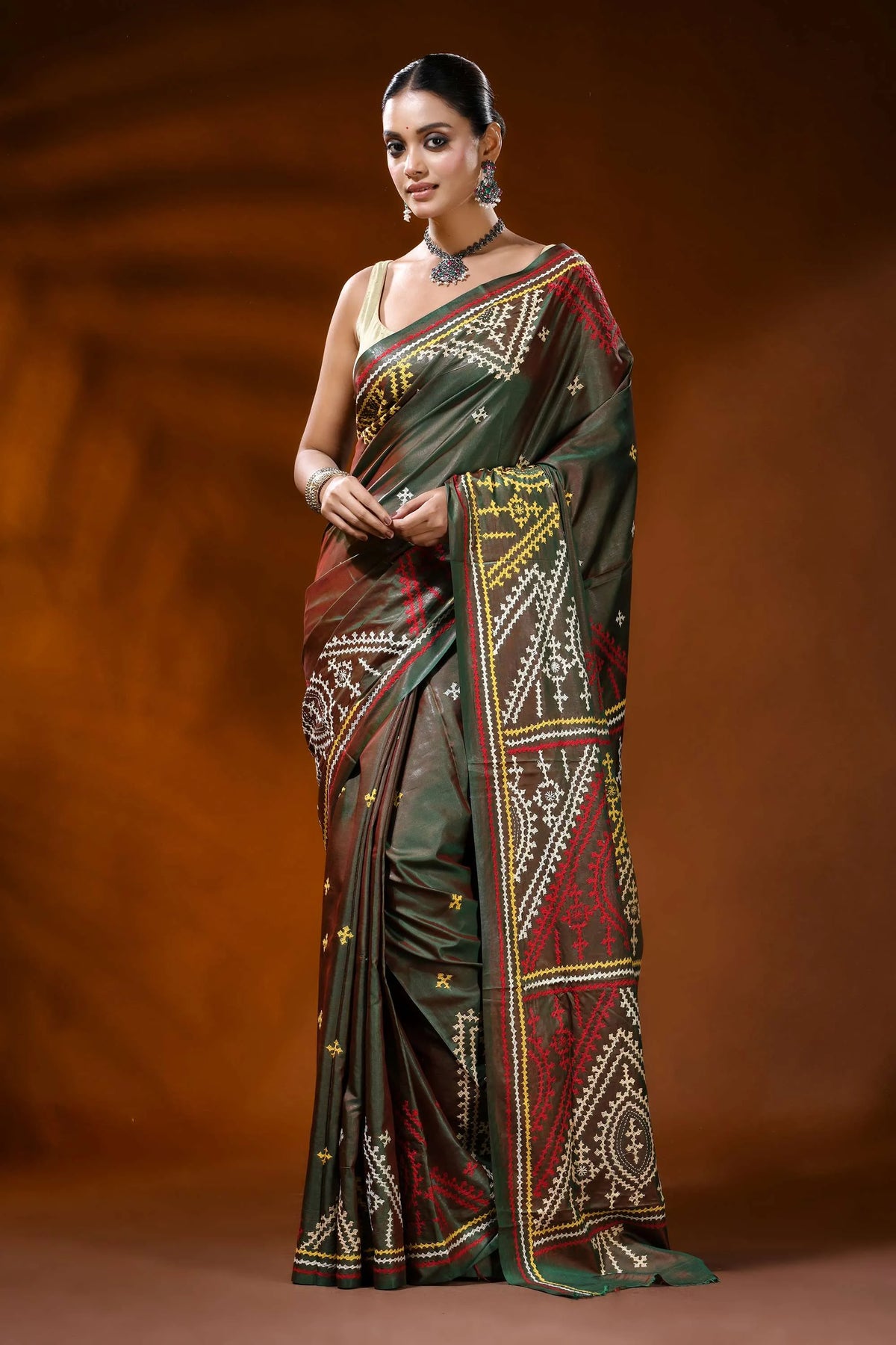 Handmade olive green gujarati stitch silk saree - geometric ethnic motif 6