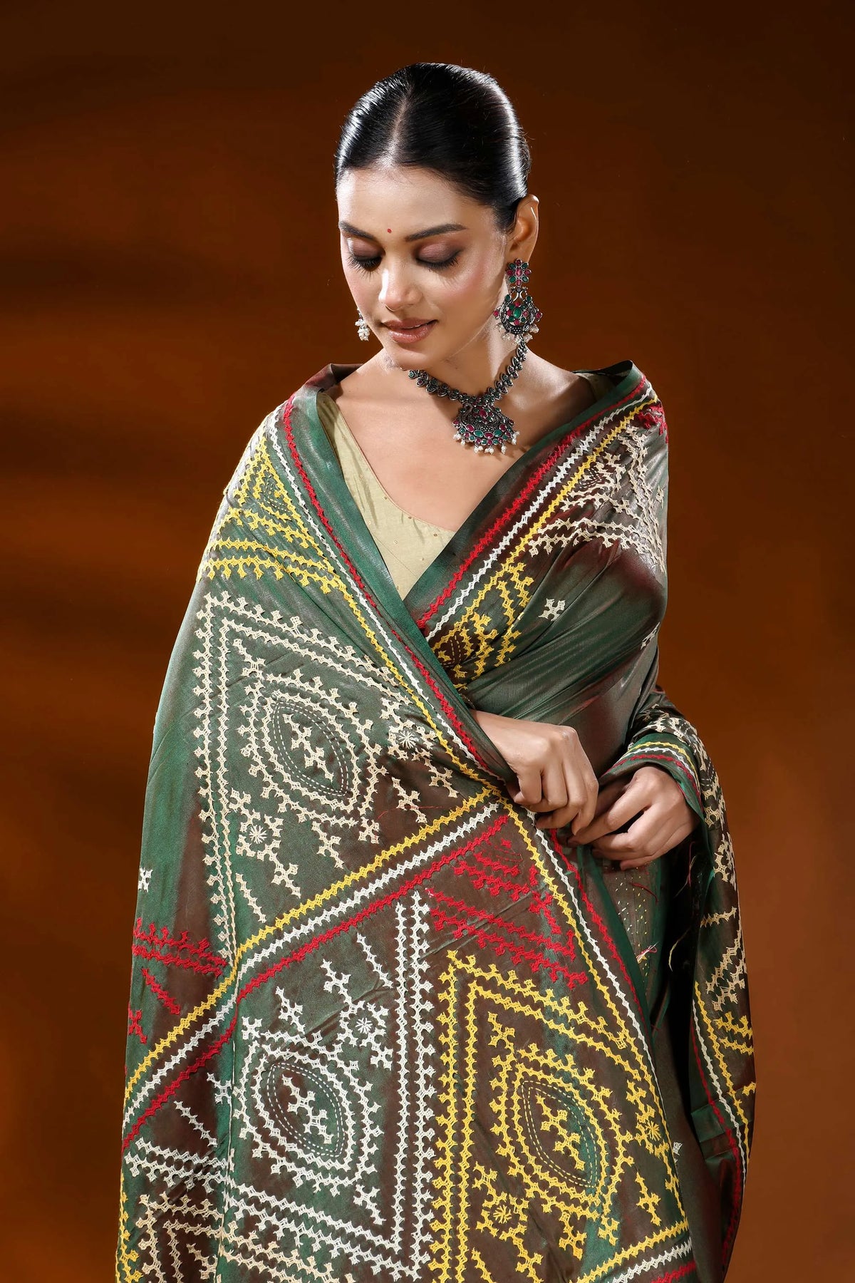 Handmade olive green gujarati stitch silk saree - geometric ethnic motif 2
