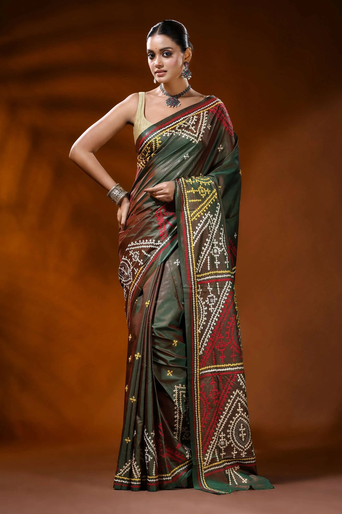 Handmade olive green gujarati stitch silk saree - geometric ethnic motif 1