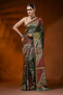 Handmade olive green gujarati stitch silk saree - geometric ethnic motif 1