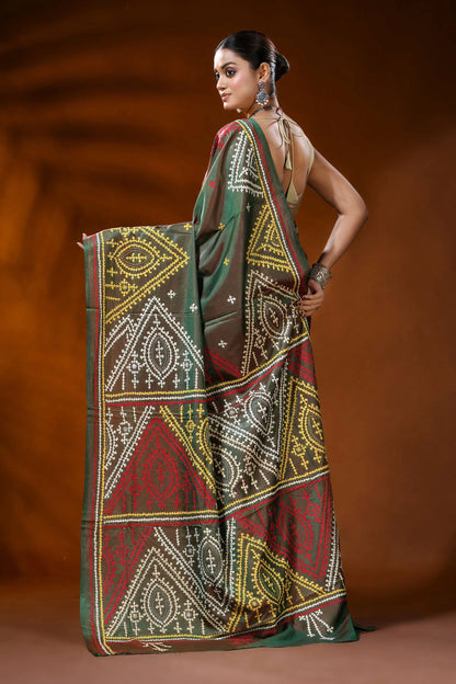 Handmade olive green gujarati stitch silk saree - geometric ethnic motif 5