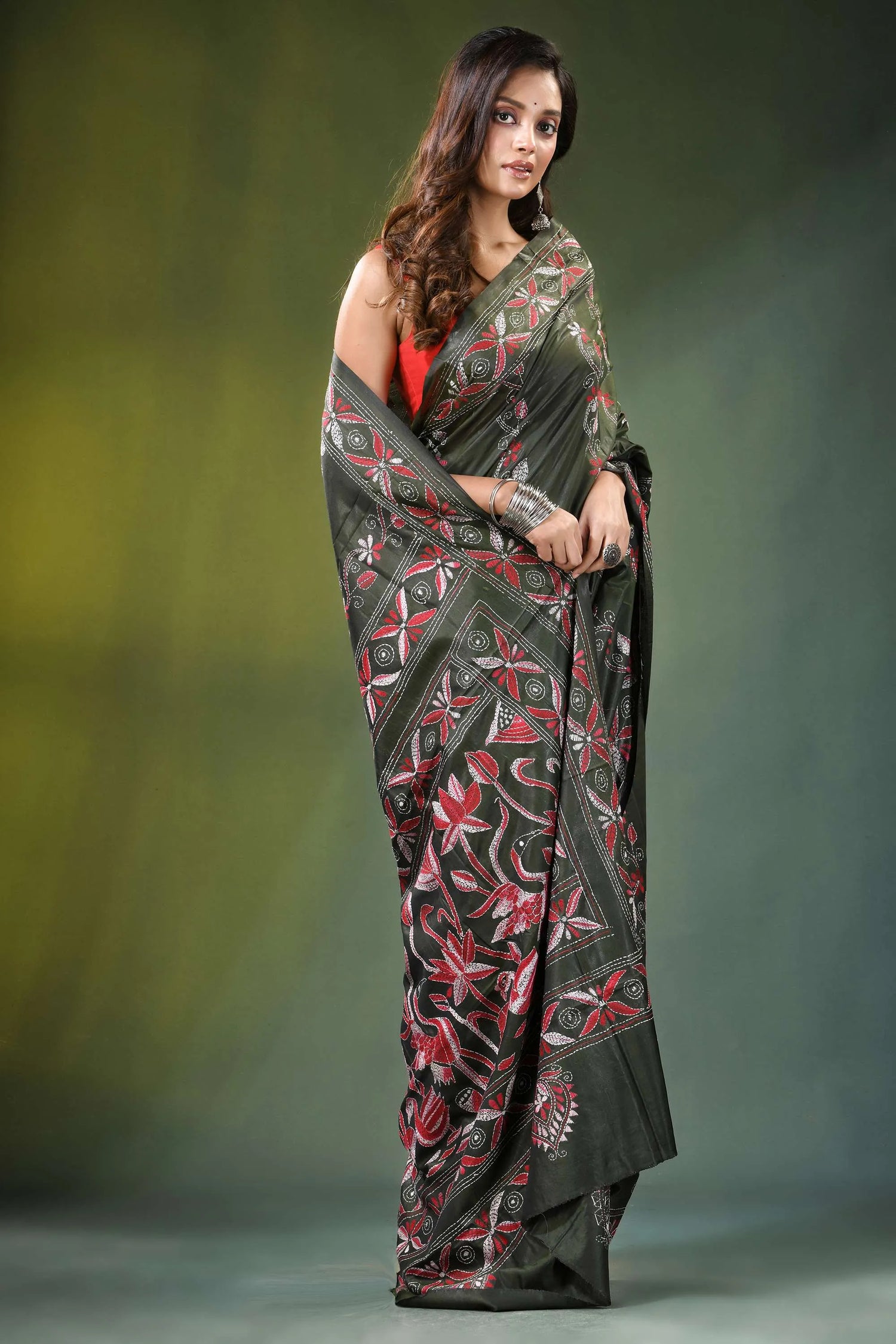 Handmade olive green nature theme silk kantha saree dark intricate red 4