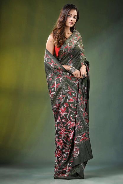 Handmade olive green nature theme silk kantha saree dark intricate red 4