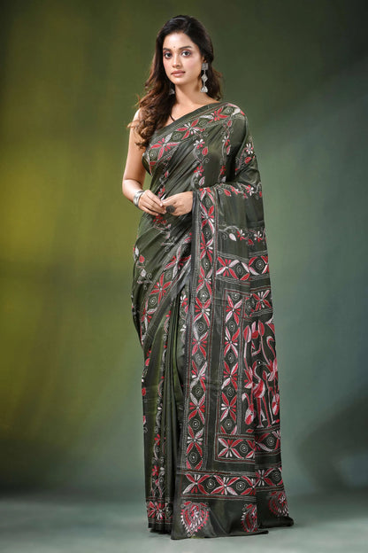 Handmade olive green nature theme silk kantha saree dark intricate red 1