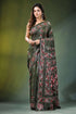 Handmade olive green nature theme silk kantha saree dark intricate red 1