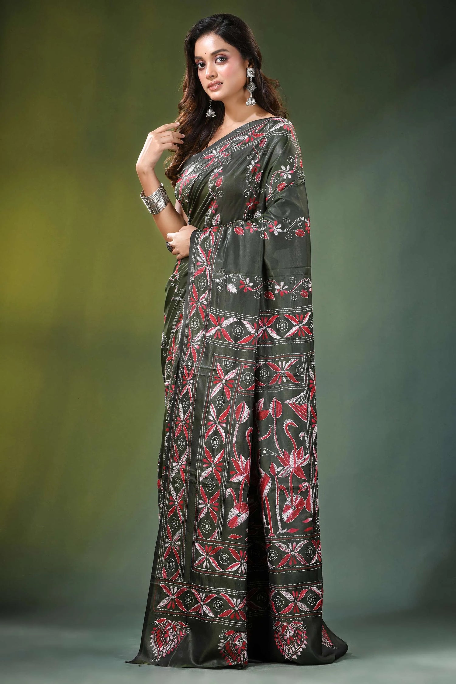 Handmade olive green nature theme silk kantha saree dark adorned 3