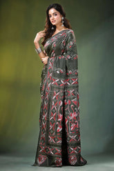 Handmade olive green nature theme silk kantha saree dark adorned 3