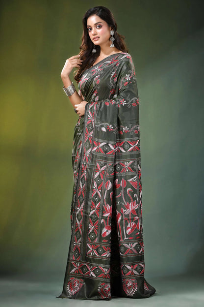 Handmade olive green nature theme silk kantha saree dark adorned 3