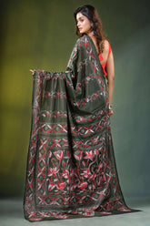 Handmade olive green nature theme silk kantha saree dark adorned 5