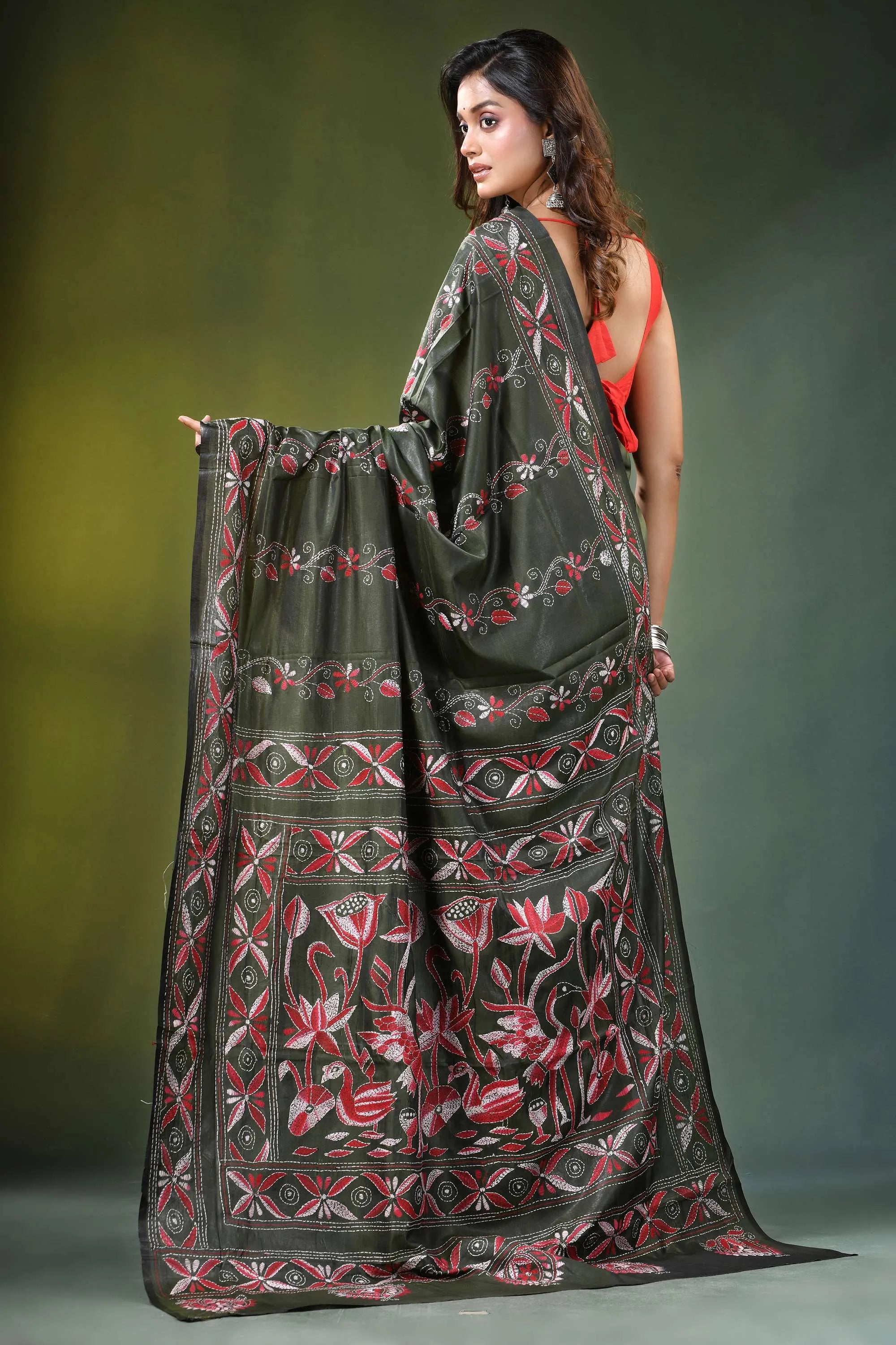 Handmade olive green nature theme silk kantha saree dark adorned 5