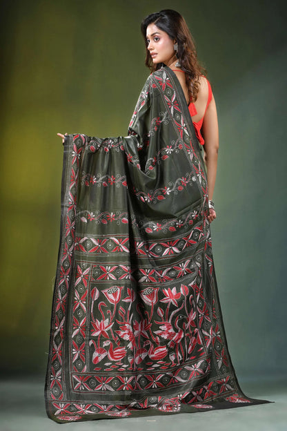 Handmade olive green nature theme silk kantha saree dark adorned 5