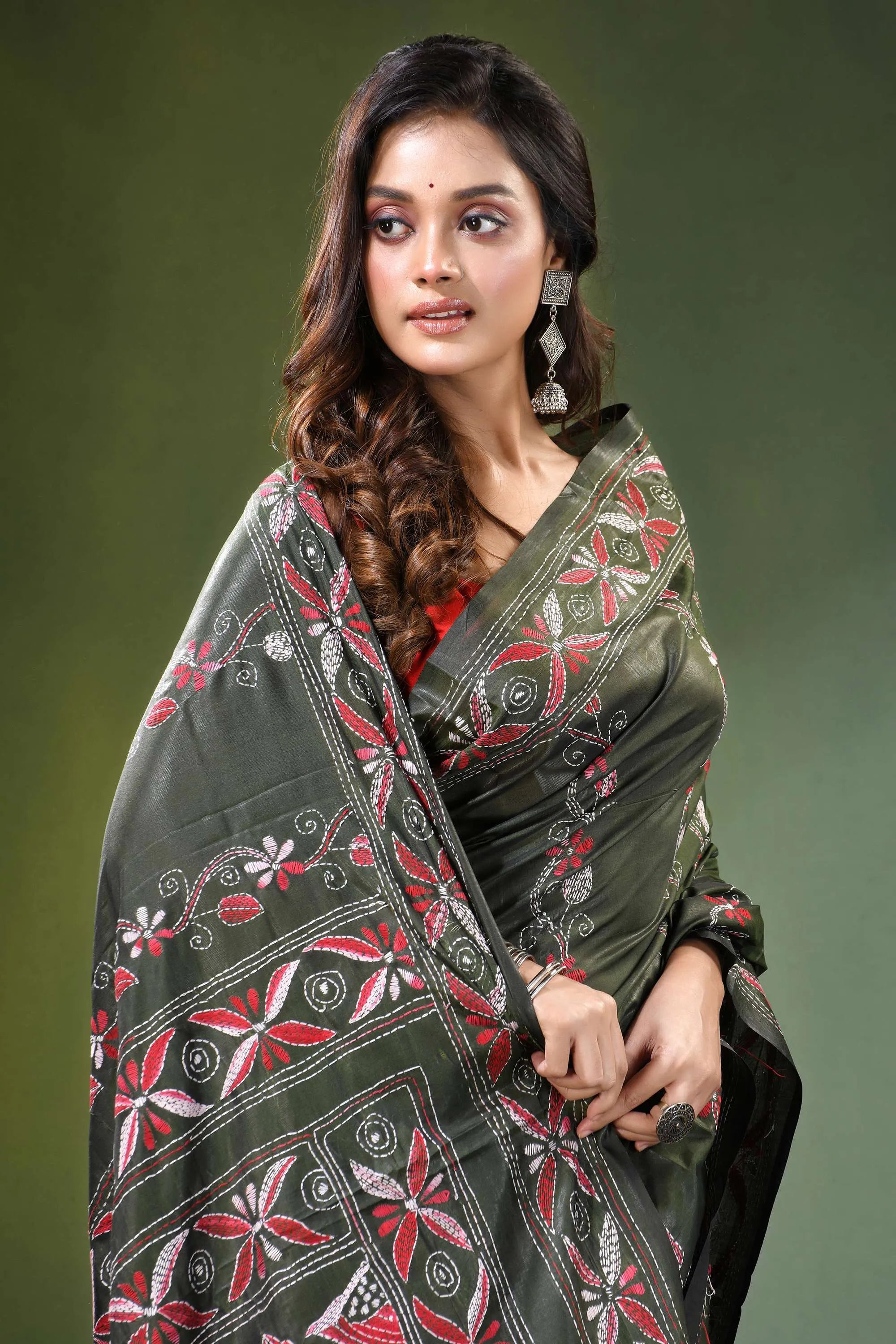 Handmade olive green nature theme silk kantha saree intricate 2